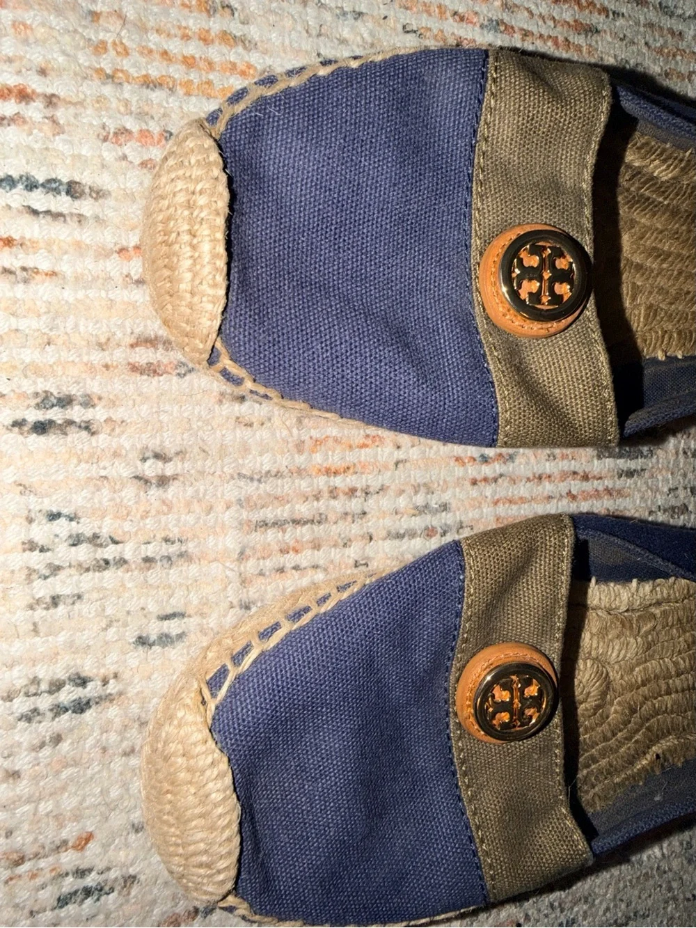 Tory Burch Navy Canvas Espadrille Flats with Brown Accent Medallion Size 7